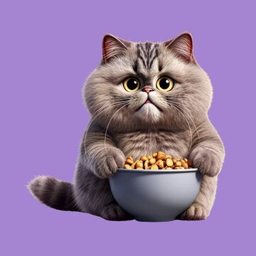 Cute fluffy cat with bowl animation isolated asset, transparent 4K video, alpha channel, ProRes 4444