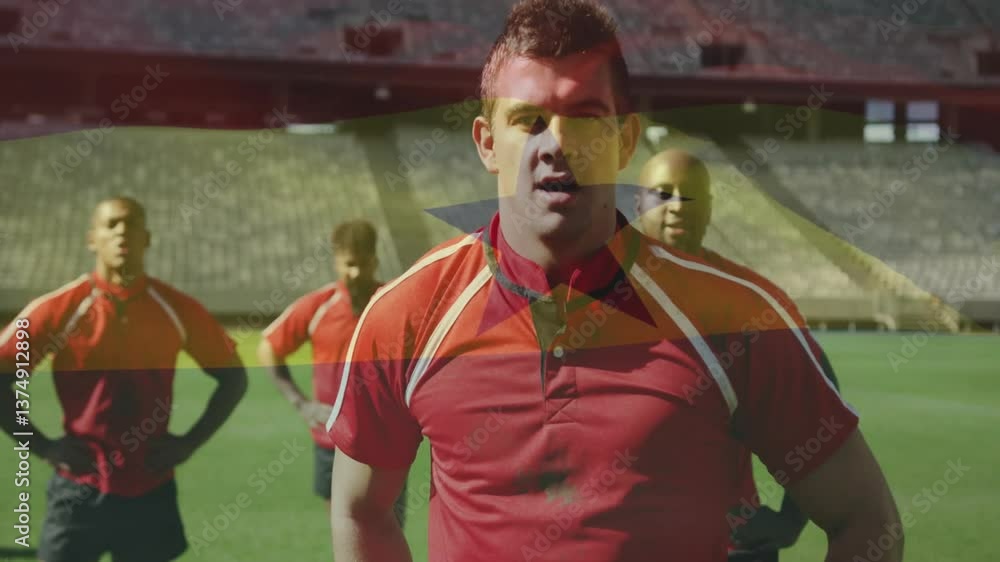 Poster rugby players in red jerseys standing on field with flag overlay animation