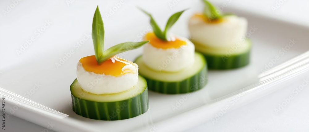Poster white rectangular plate with three small appetizers on it. the appetizers are made of cucumber slice