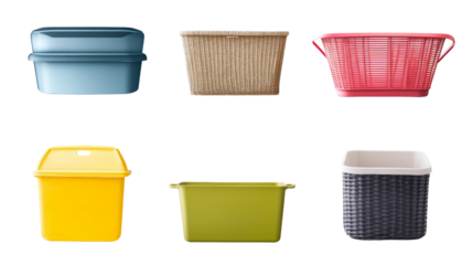 Assorted storage containers, boxes, bins, and baskets,Transparent background, PNG file background,