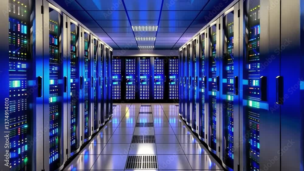 Poster modern data center innovation and efficiency in server racks with blue lights showcasing advanced te