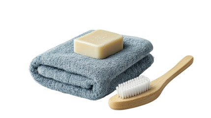 Basic bathroom items, toothbrush, soap, and towel,Transparent background, PNG file, minimalist style,