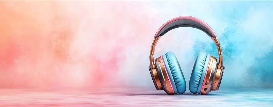 Pastel background highend gaming headphones with an attached microphone vibrant LED lighting detailed design