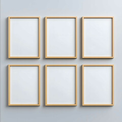 mockup of 6 3x4 sized white blank posters with wooden frames on light grey onecolored wall each poster far away from each other minimalist