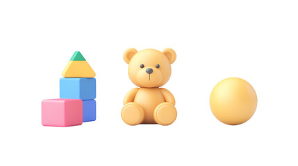 Children toys icons, teddy bear, ball, and blocks,Transparent background, PNG file,