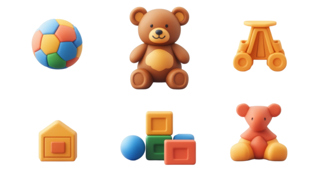 Children toys icons, teddy bear, ball, and blocks,Transparent background, PNG file,