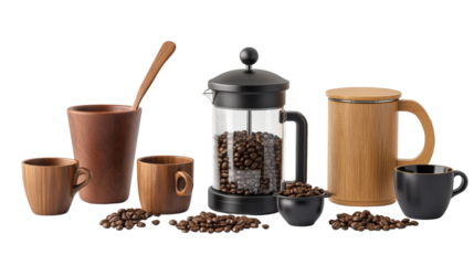Coffee making items, french press, coffee beans, and grinder,Transparent background, PNG file,
