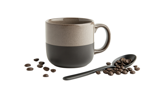 Coffee essentials, mug, spoon, and coffee beans,Transparent background, PNG file,