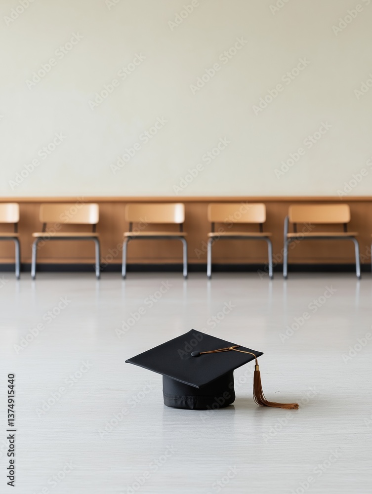Poster black graduation cap with a gold tassel lying on the floor in front of a row of empty chairs. the ba