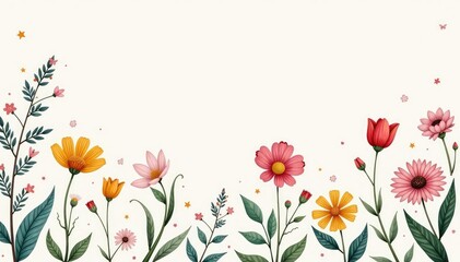 Delicate hand-drawn wildflowers, pastel shades, repeating motif, summer, floral background, buttercups