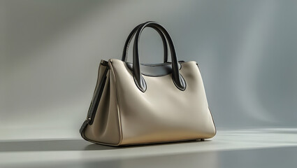 A beige and black handbag resting on a wooden table, showcasing its stylish design and color contrast. GENERATIVE AI
