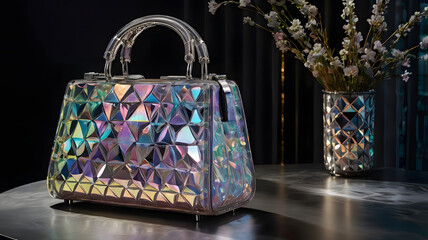 Holographic bag resting on a wooden table, reflecting light in various colors. GENERATIVE AI