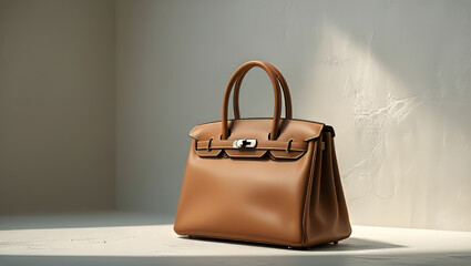 A tan leather handbag resting on a wooden table, showcasing its smooth texture and elegant design. GENERATIVE AI