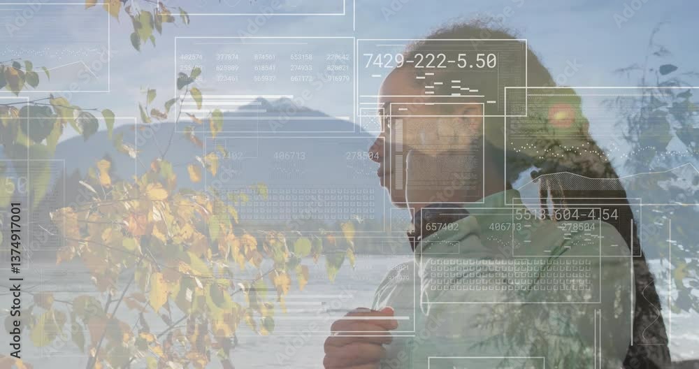 Poster data processing animation over person standing by lake with mountains and trees