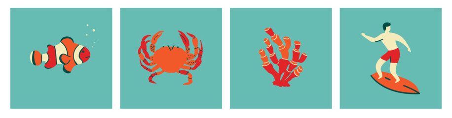 Collection about vacation to ocean beach. Surfer and wild underwater animals. Vector illustration