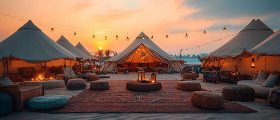Desert Glamping Site at Sunset with Rows of White Tents String Lights and Comfortable Seating Arrangements Against an Orange Sky