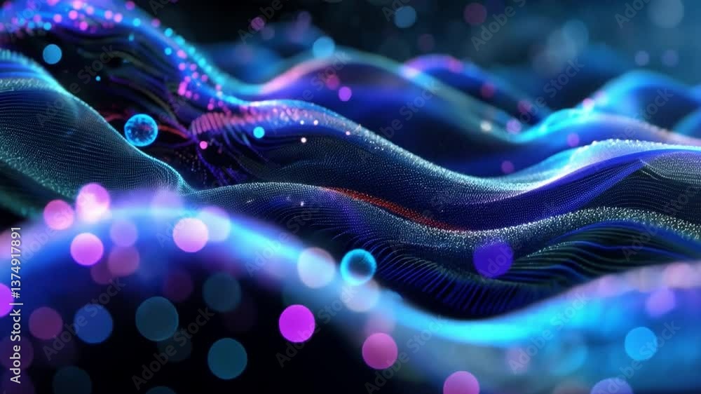 Poster mesmerizing abstract waves colorful digital design with glowing particles, creating depth and moveme