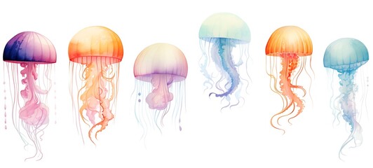 White background with drawings of colorful jellyfish for children, ai generative