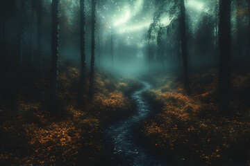 Naklejka premium Enchanted Dark Forest Path with Glowing Lights at Night and Aurora in the Sky