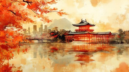 Obraz premium Autumnal Serenity: A Japanese Temple's Lakeside Reflection