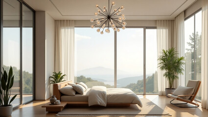 Fototapeta premium Sun-drenched bedroom with panoramic mountain views, featuring a modern chandelier and minimalist decor for a serene atmosphere.