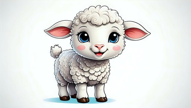 Cute Cartoon Sheep Standing Smiling with Big Blue Eyes Illustration
