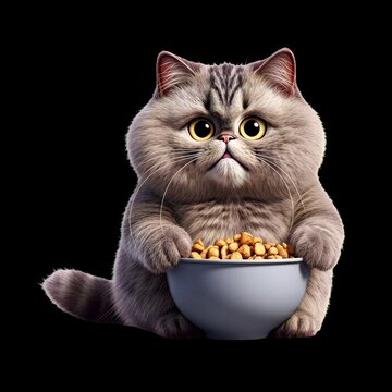 Cute fluffy cat with bowl animation isolated asset, transparent 4K video, alpha channel, ProRes 4444