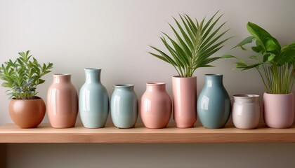 Fototapeta premium A collection of ceramic vases and potted plants is displayed on a wooden shelf against a neutral background in a simple arrangement.