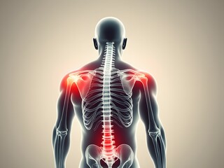 Medical illustration of human skeletal structure, highlighted spine with red pain areas in shoulders and lower back. Skeletal anatomy with red inflammation markers