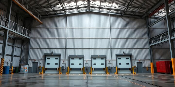 Large industrial warehouse, metal siding, loading dock doors, factory, commercial building