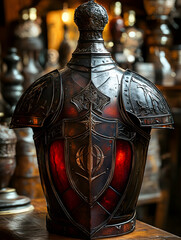 Ornate Decorative Red and Black Glass Bottle with Intricate Carvings on Wooden Table in Darkly Lit Room