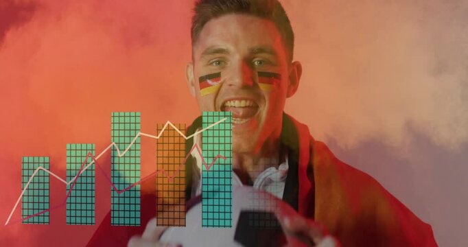 Excited fan with face paint holding soccer ball over financial graph animation