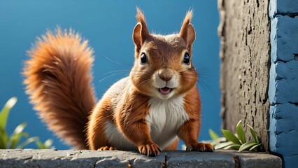 Cute Squirrel Looking Upward on Wall Against Blue Sky Backdrop