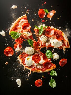 Bursting slices of pepperoni pizza with melting mozzarella, basil leaves, and scattered seasonings suspended dramatically in mid-air