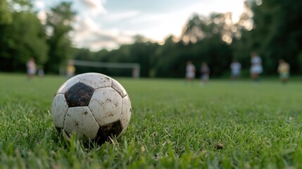 Obraz premium A worn soccer ball lies on vibrant green grass, highlighting a lively soccer match in the background. Players in white and yellow uniforms are actively engaging as the sun sets