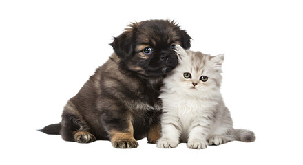 Obraz premium Adorable Puppy and Kitten Sitting Together on White Background Looking Ahead