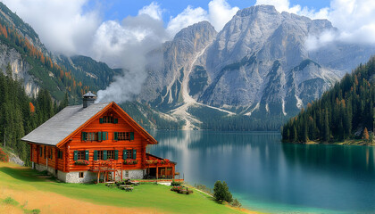 Fototapeta premium Scenic Mountain Lake View with Log Cabin and Reflective Turquoise Water in Foreground Surrounded by Green Forest and Snowy Peaks on Sunny Day