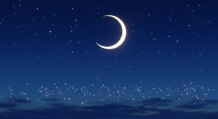 Naklejka premium Crescent Moon and Twinkling Stars in a Dark Blue Night Sky