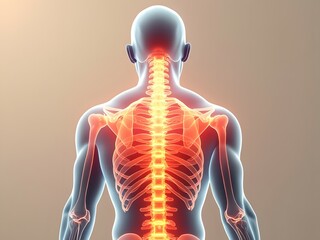 Upper back anatomy, spine and ribcage illustration, cervical and thoracic spine, inflamed vertebrae, medical visualization, upper back pain concept, rear view