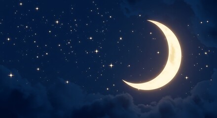 Naklejka premium Crescent Moon and Stars Shining in the Night Sky Background