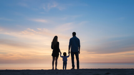 Parents and child looking at the ocean, calm and meaningful moment