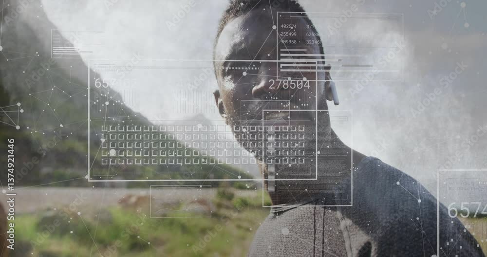 Poster outdoors, man interacting with digital data processing animation overlaying scene