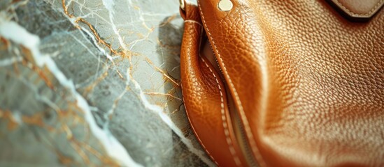 Close-up of a brown leather handbag on a marble surface.