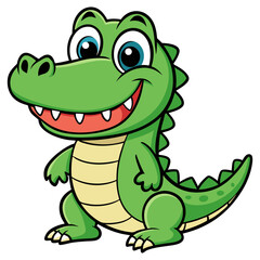 Adorable Cartoon Alligator or Crocodile with Big Eyes, Bright Smile, and Green Scales, Perfect for Children’s Illustrations, Animal-Themed Designs, and Reptile Projects Representing Playful, Friendly