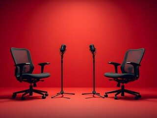 Minimalist podcast recording space with black ergonomic chairs, red floor and background, adjustable microphone stands and dramatic lighting, professional recording atmosphere 