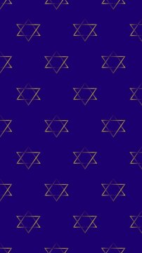 Seamless looping animation of a Star of David pattern scrolling downwards. Vibrant gold stars on a deep blue background, creating a mesmerizing, endless motion.