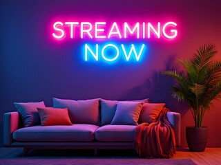 Modern content creation space, neon STREAMING NOW sign, cozy sofa, ambient lighting, podcasting studio, vibrant decor 