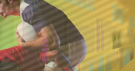 Overlaying financial data charts, rugby players in action on field - Powered by Adobe