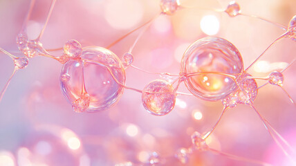 vibrant digital artwork depicting network of translucent spheres connected by thin strands, resembling collagen protein structure. image features soft pink and orange color palette, creating