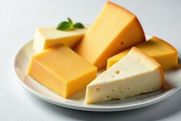 Elegant cheese plate, various cheeses, white backdrop , plate, crackers